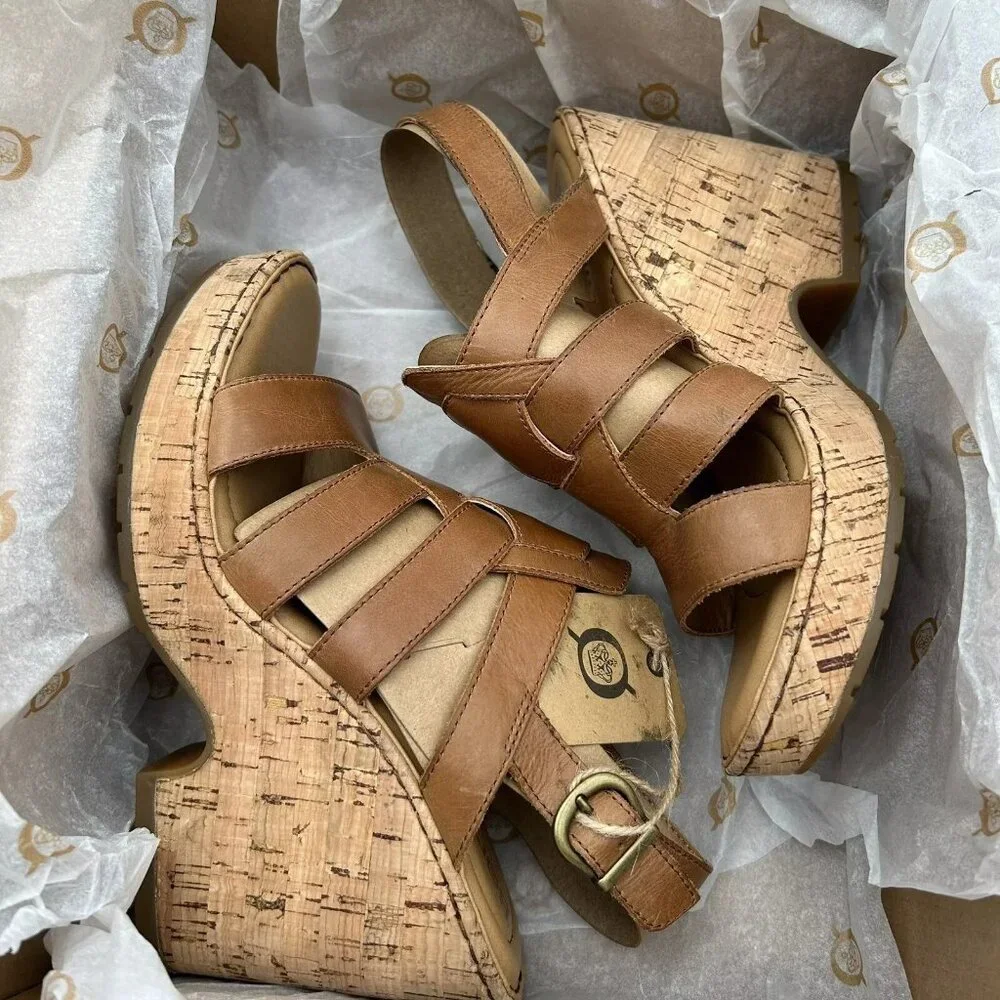 Born Bernese Women’s‎ Cage Wedge Sandal Leather Cork Heel Cushioned Size 8.5-9